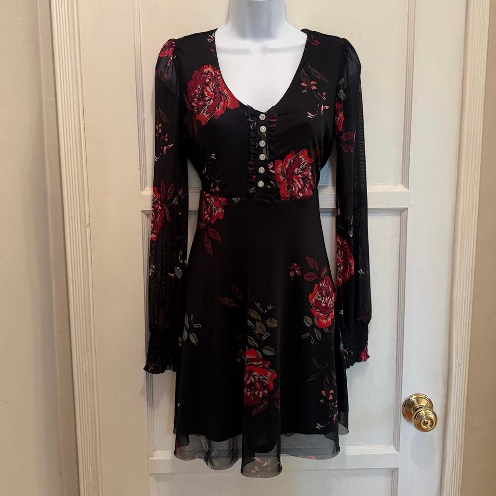 Romantic Whimsigoth Fit & Flare Dress S Long Sleeve Moody Floral Witchy 90s